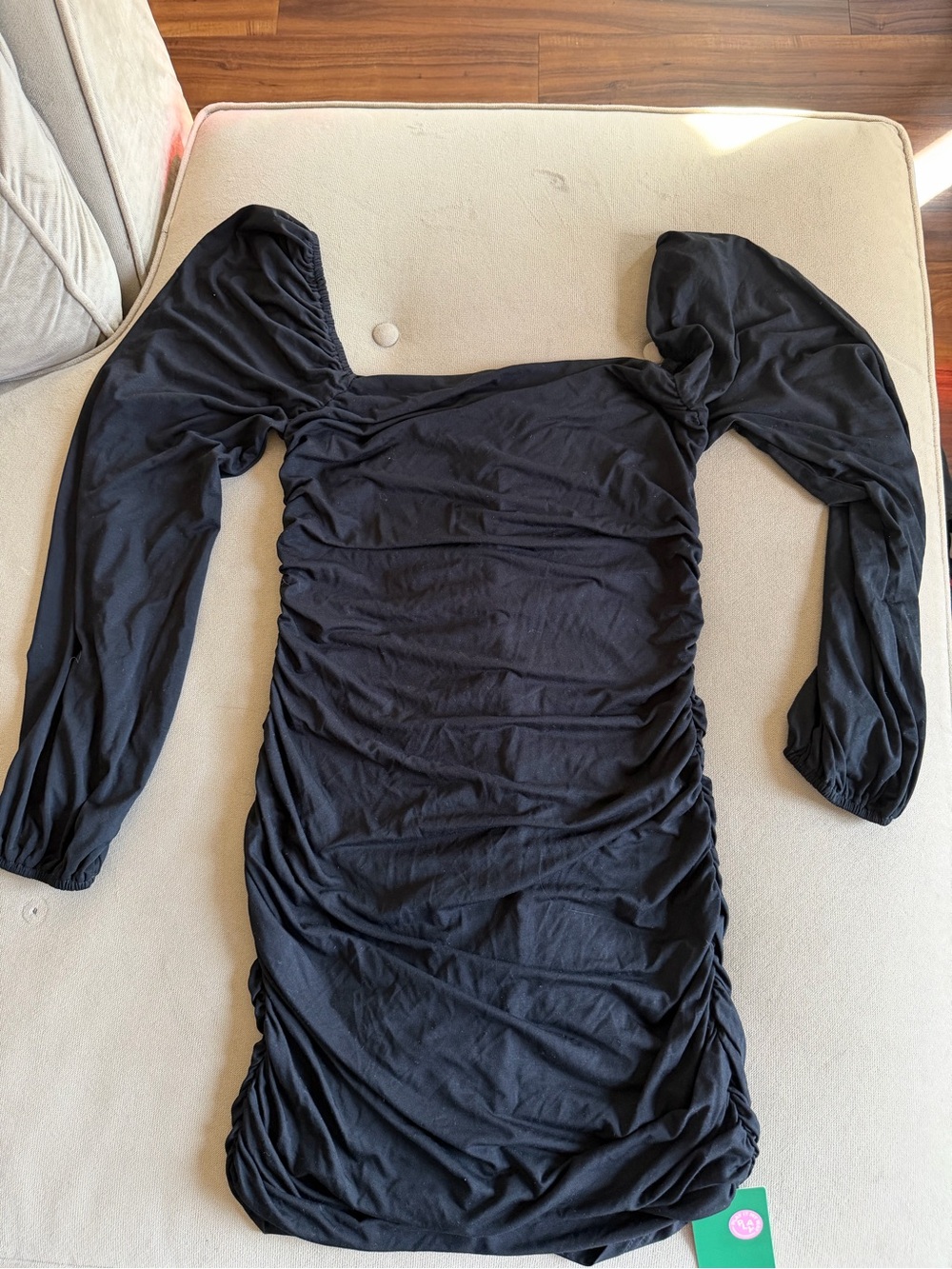 HALARA Black Ruched Puff-Sleeve Mini Dress